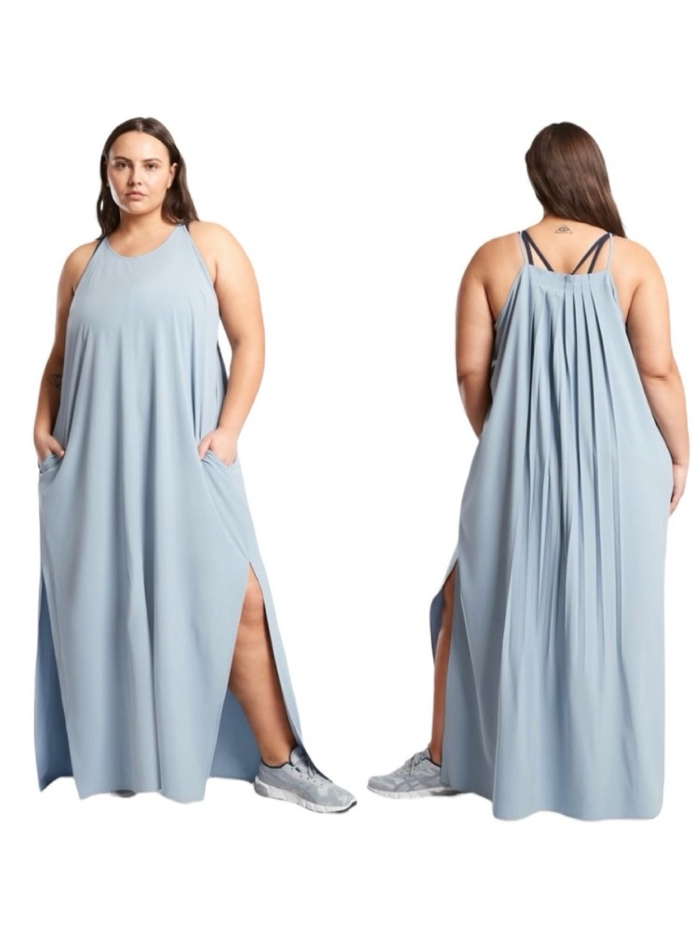 Athleta women’s size XL Hayes Pleated Maxi Dress in beautiful blue gray color